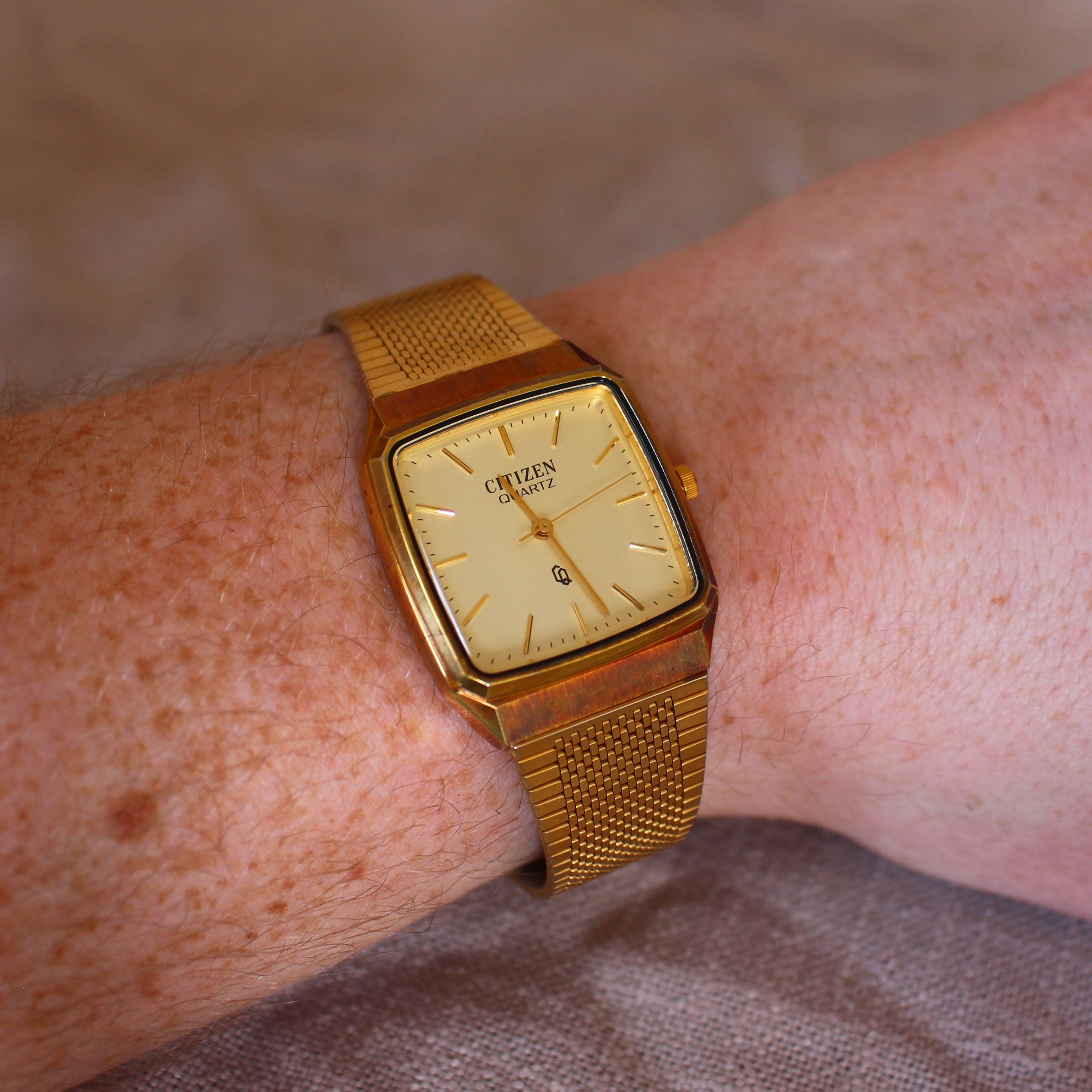 Vintage Citizen Quartz CQ Gold Tone Square Brass Case Patina