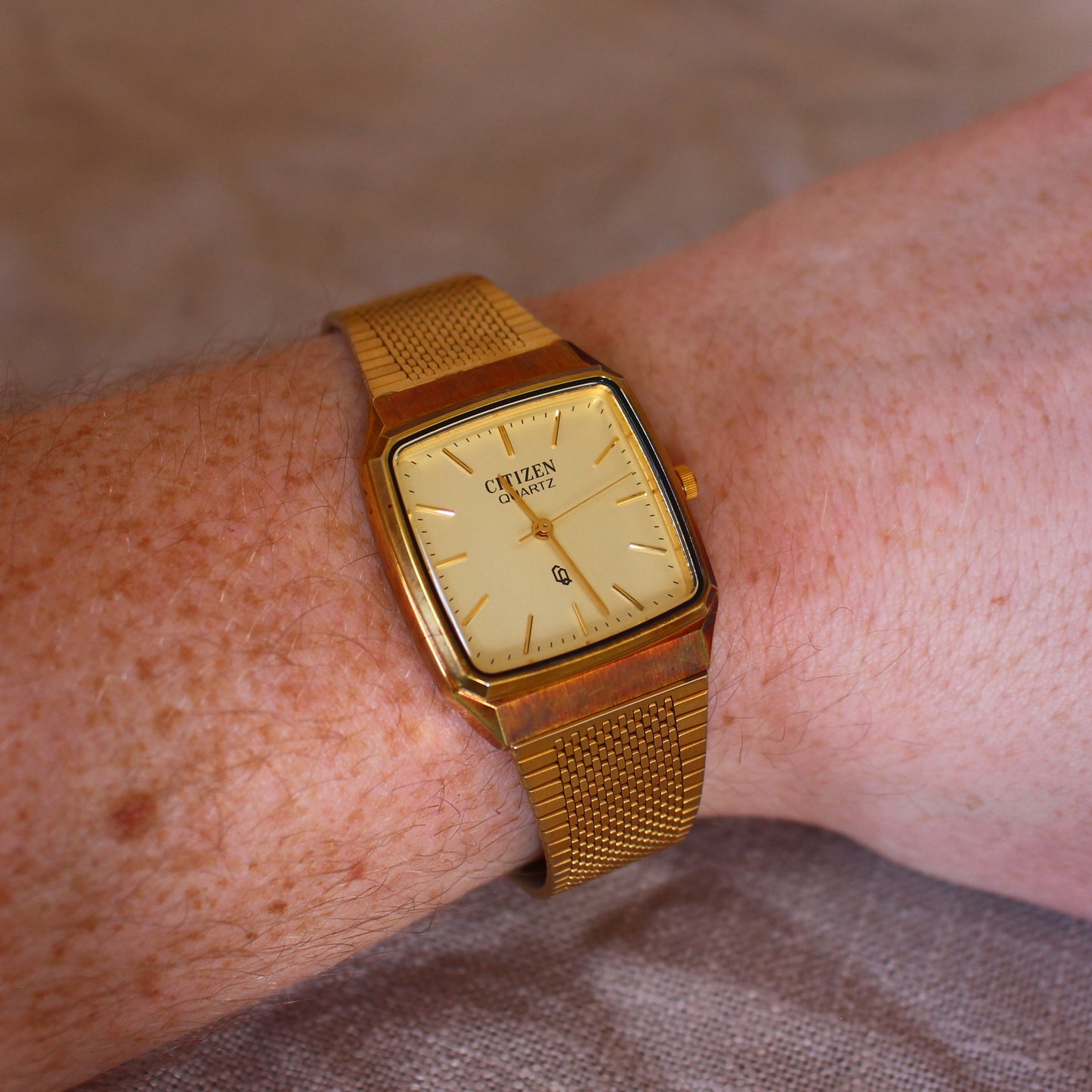 Vintage Citizen Quartz CQ Gold Tone Square Brass Case Patina Womens Watch - 80s